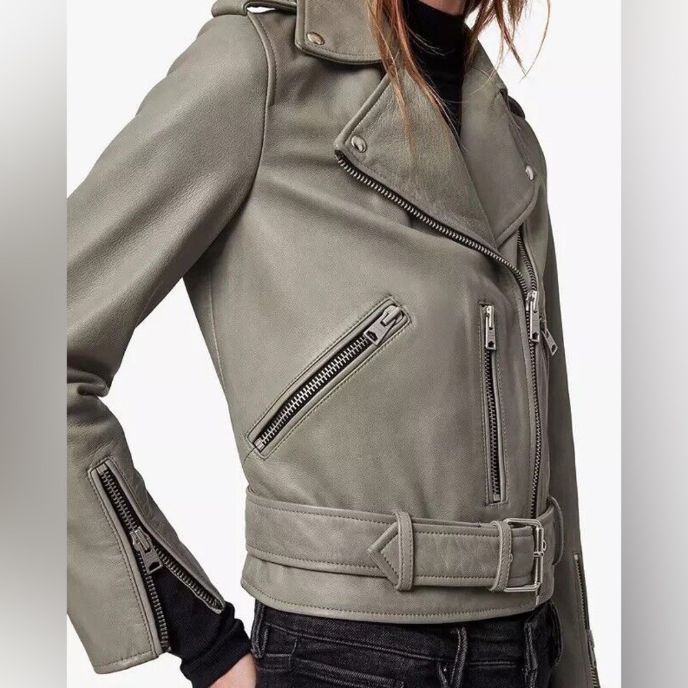 All Saints Balfern Biker Leather Jacket Sage Grey - Picture 4 of 8